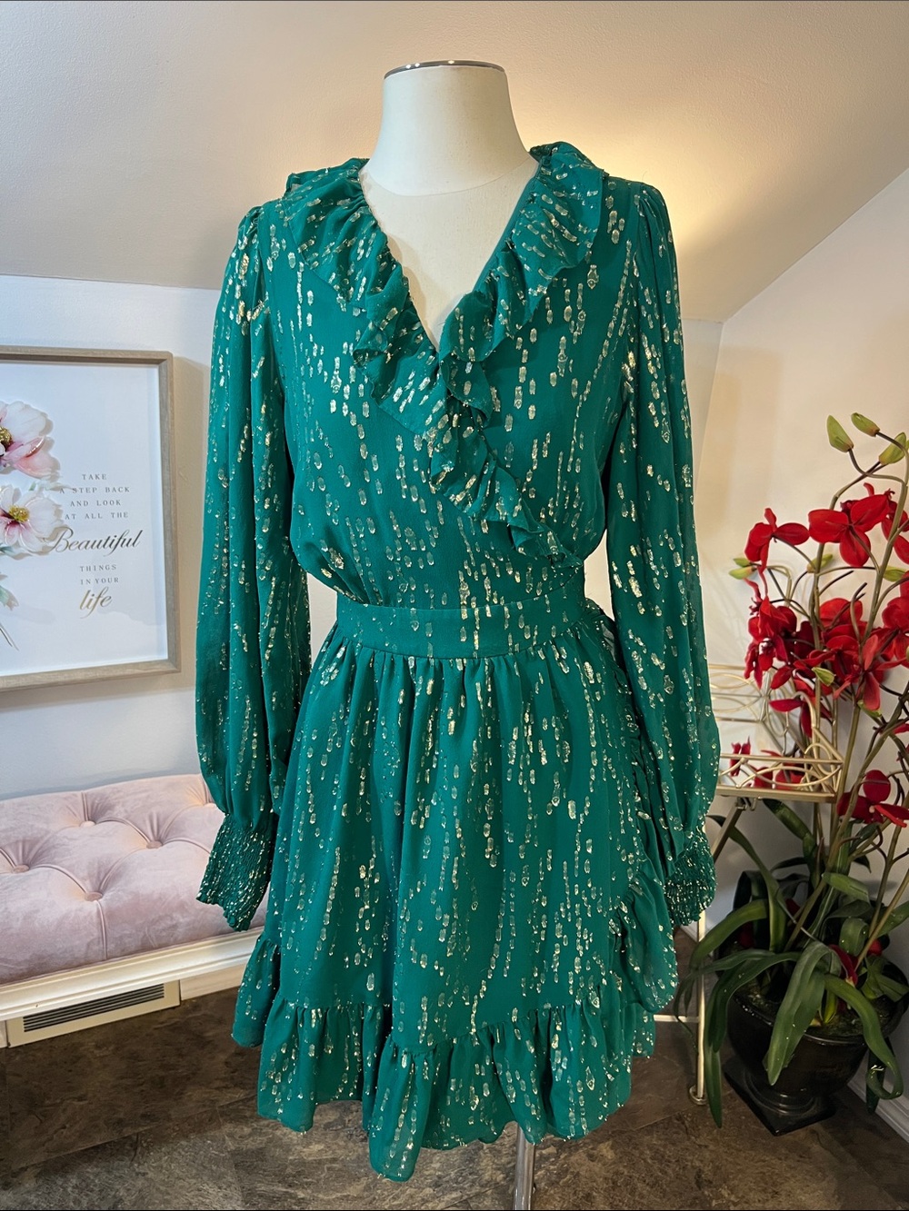 Lilly Pulitzer Birdy Silk Ruffle Wrap Dress Evergreen & Gold Metallic Size 16